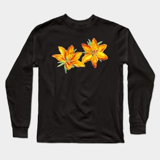 Orange Painted Watercolor Lilies Floral Long Sleeve T-Shirt